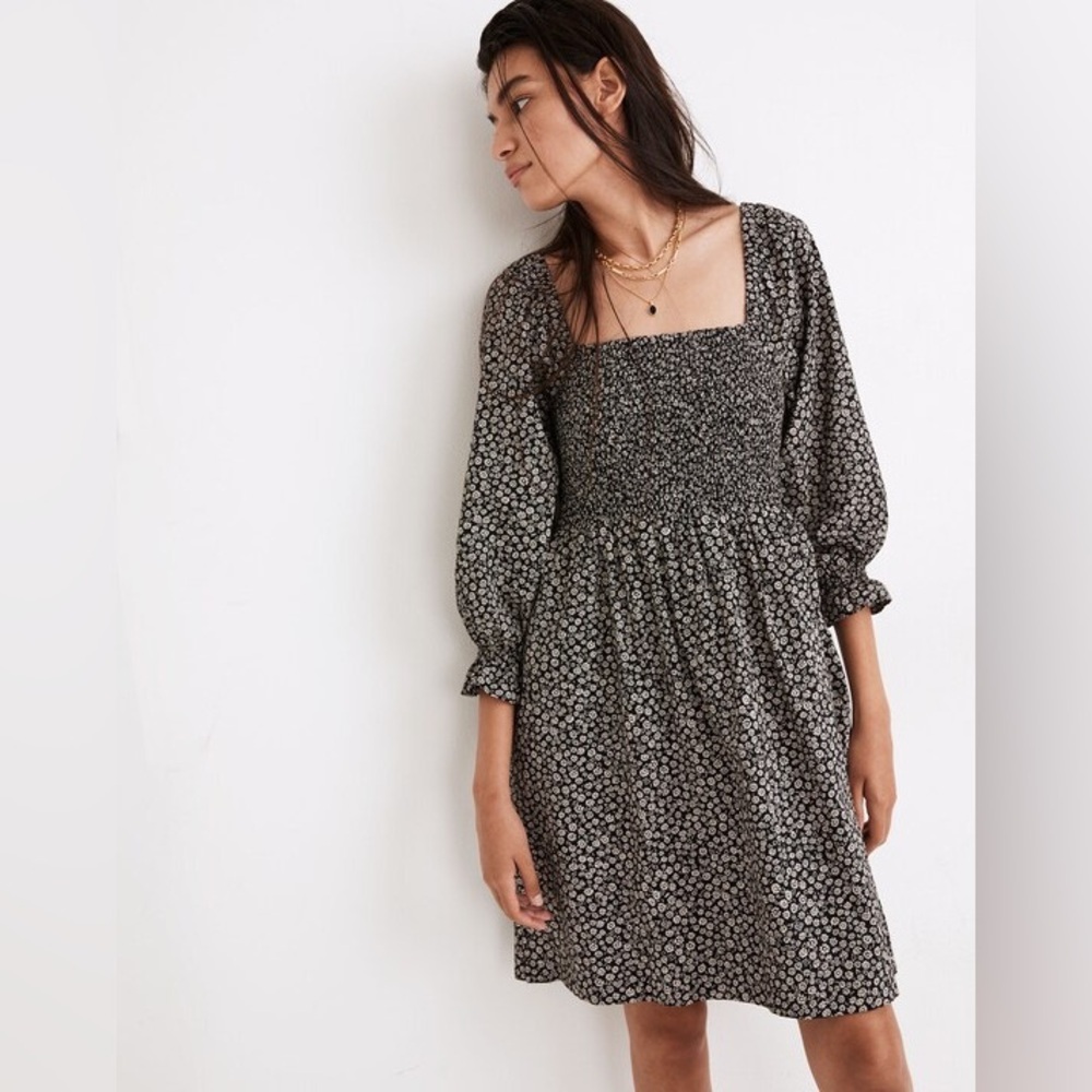 Madewell Lucie Elbow-Sleeve Smocked Mini Dress in Parisian Ditsy | Size XS